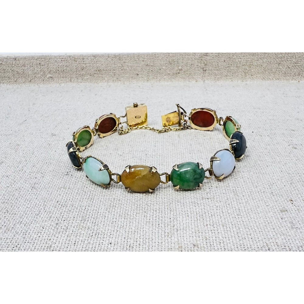 Vintage 14K Gold Multi Color Jade Cabochon Link Bracelet Chinese Symbol Clasp